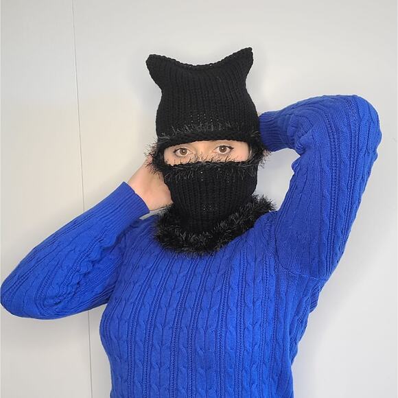 Handmade Accessories - Black Cat Fairy Grunge Fuzzy Knitted Handmade Balaclava Winter Hat